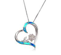 Boho Female Blue White Fire Opal Necklace Cute Big Flower Heart Pendants Silver Color Necklaces For Women