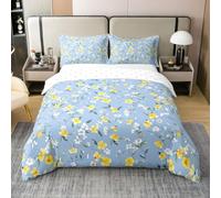 Boho Floral 100% Cotton Duvet Cover 3 Piece Botanical Flower Bedding Set King Size Farmhouse Rustic Comforter Cover For Kids Girls Adult Bedroom Minimalist Cottagecore Pastel Bed Sets, Blue Yellow