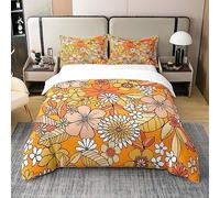 Boho Floral 100% Cotton Duvet Cover Super King,Retro 1960S 1970S Groovy Flower Comforter Cover for Kid Girls,Orange Boho Hippie Trippy Bedding Set Botanical Blossom Quilt Cover with 2 Pillowcases