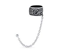 Boho Floral Flower Leaf Rose Wrap Cartilage Ear Cuff Chain Pierced Ear Stud Earring Western Jewelry For Women For Men Oxidized .925 Sterling Silver