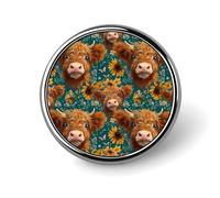 Boho Floral Highland Cow Round Lapel Pin Brooch Badge