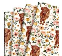 Boho Floral Highland Cow Wrapping Paper Folded Flat Boho Flower Gift Wrap Paper Bulk Cute Cow Art Paper for Birthday Wedding Baby Shower DIY Crafts Gift Packing, 19.7 x 27.6 in, 6 Sheet