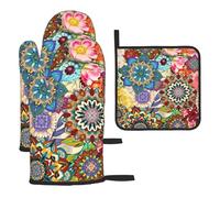 Boho Floral Oven Mitts and Pot Holders Sets of 3 Heat Resistant Non Slip Colorful Flowers Kitchen Gloves Hot Pads for Cooking BBQ Grilling Baking