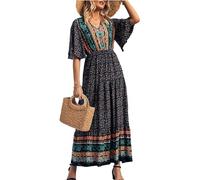 Boho Floral Print Dresses for Women - Summer V Neck Short Sleeve Maxi Dress, Casual Loose Elastic High Waist Flowy Swing Long Sundress, for Beach Vacation Office (Black Floral,L)