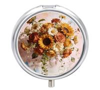 Boho Floral Round Pill Box with Mirror 3 Compartment Portable Pill Case for Travel Outdoor Use Cute Small Pill Organizer for Pocket Or Purse