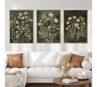 Boho Floral Sage Green Moody Wildflowers Poster Canvas Painting Print Flower Wall Art Neutral Botanical Living Room Decor(40X60X3CM/Inner Frame)