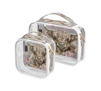 Boho Floral Scotland Cow Peach 2 Pack Clear Toiletry Bag Large TSA Approved Transparent Travel Makeup Bags Men’s Shaving kit maquillaje para