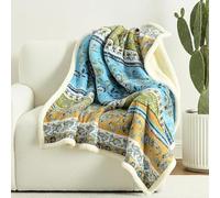 Boho Floral Sherpa Throw Blanket, Reversible Flannel Print & Soft Sherpa, Cozy Fleece Blanket - Green Bohemian throw for Sofa, Couch, Bed, Home Decor