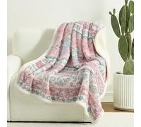 Boho Floral Sherpa Throw Blanket, Reversible Flannel Print & Soft Sherpa, Cozy Fleece Blanket - Pink Bohemian throw for Sofa, Couch, Bed, Home Decor