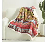 Boho Floral Sherpa Throw Blanket, Reversible Flannel Print & Soft Sherpa, Cozy Fleece Blanket - Red Bohemian throw for Sofa, Couch, Bed, Home Decor
