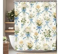 Boho Floral Shower Curtain Blue Bow Wildflower Shower Curtain, Elegant Botanical Floral Leaf Bathroom Decor Flower Plants Bath Curtains, Waterproof Farmhouse Bathroom Curtains with 12 Hooks 36X72 Inch