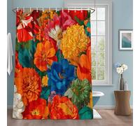 Boho Floral Shower Curtain with 12 Hooks Marigold Dahlia Orange Yellow Blue Botanical Waterproof Fabric Shower Curtains Sets for Bathroom Bath Decorations, Machine Washable, 54"x78"