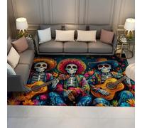 Boho Floral Skeleton Stain Resistant 180x270cm Rugs for Apartment Musical Guitar Foldable Large Under Chair Rugs Sugar Skull Non Slip Loft Carpet Colorful Day of Dead Thin Reading Nook Throw Mat