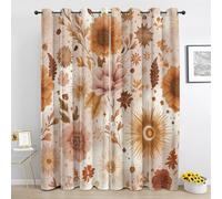 Boho Floral Sun Curtains, Rustic Flower Eyelet Curtain 90 Inch Long, Fall Botanical Blackout Curtains for Bedroom Living Room, Thermal Insulated Drapes 2 Panels Hi463