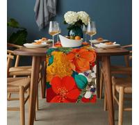 Boho Floral Table Runner 13x48 inch Marigold Dahlia Orange Yellow Blue Botanical Cotton Linen Dining Table Runner Ideal for Dresser Kitchen Coffee Tables - Machine Washable