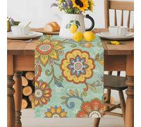 Boho Floral Table Runner 13x60 Inches Long Yellow Orange Flower Leaf Retro Abstract Green Cotton Linen Table Runner Burlap Style for Dinner Table Party Decor Tabletop Decorations
