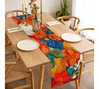 Boho Floral Table Runner 13x90 inch Marigold Dahlia Orange Yellow Blue Botanical Cotton Linen Dining Table Runner Ideal for Dresser Kitchen Coffee Tables - Machine Washable