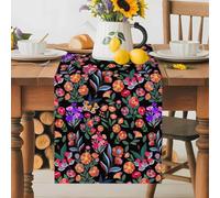 Boho Floral Table Runner 16x72 Inches Long Colorful Flower Watercolor Botanical Black Cotton Linen Table Runner Burlap Style for Dinner Table Party Decor Tabletop Decorations
