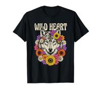 Boho Floral Wolf Hippie Wild Heart Sunflower Graphic Art T-Shirt