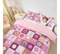 Boho Flower Duvet Cover Set Super King Size,Daisy Floral Bedding Sets 3Pcs for Kids Girls Boys Adult Room Decor,Pink Plaid Patchwork Comforter Cover Watercolor Polka Dot Quilt Cover,2 Pillowcases