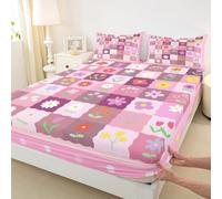 Boho Flower Fitted Sheets Double Size,Daisy Floral Bedding Set 3Pcs for Kids Teens Woman Room Decor,Pink Plaid Patchwork Bed Sheet Watercolor Polka Dot Deep Pocket Sheet,2 Pillowcases