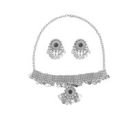 Boho Flower Indian Jewelry Set for Women Imitation Cubic Zirconia Silver Tassel Statement Dangle Earrings Kundan Choker Pendant Necklace Ethnic Traditional Wedding Holiday Bollywood Diwali Jewelry