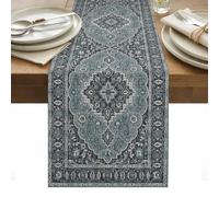 Boho Flower Table Runner 13 x 60 Inch, Blue Bohemia Geometric Tribal Ethnic Style Washable Cotton Linen Dining Table Runner Tabletop Decorations for Restaurant Home Kitchen Party