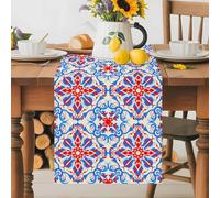 Boho Flower Table Runner 18x72 Inches Long Blue Red Floral Abstract Lines Cotton Linen Table Runner Burlap Style for Dinner Table Party Decor Tabletop Decorations