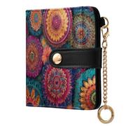 Boho Flowers Mandalas Black Print Small Women Wallet PU Leather RFID Blocking Bifold Compact Card Holder with Zipper Coin Pocket Purse for Ladies Girls Women