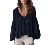 Boho Flowing Ruffled Blouse for Women,V-Neck Long Puff Sleeves Design with Tiered Hem Detail,Casual Oversized Solid Top for Spring and Summer Wear (Black, XXXL)