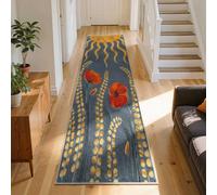 Boho Folk Kitchen Runner Rug 50x150cm Red flower Golden Sunburst Carpet | Vintage Sun Face Wildflower Corridor Low-Pile Non-Slip Kitchen Runner for Bedroom Entryway Bedside Stairs Landing Decor