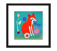 Boho Fox Retro Forest Illustration Square Wooden Framed Wall Art Print Picture 8X8 Inch Artery8 Black One Size