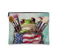 Boho Frog Cosmetic Bag, Patriotic Vintage Canvas Zipper Pouch for Travel Skincare Organizer, Portable Makeup Bag for Women, Summer Festival Gift, Green, 7x9 Inch, Frog