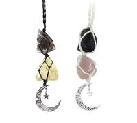 BOHO GARDEN Hanging Car Charm - 2-Pack Black Tourmaline & Rose Quartz + Smoky Quartz + Citrine - Dangling Moon & Healing Crystal Accessories, Rearview Mirror Decorations - Protection, Energy