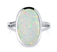 Boho Gemstone Iridescent White Created Opal Big Oval Split Shank Statement Ring Women Teen .925 Sterling Silver Rhodium Plating October Birthstone