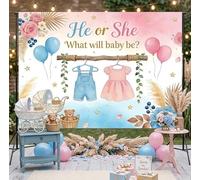 Boho Gender Reveal Backdrop 7x5ft, He or She Photo Background with Blue and Pink Cute Clothes, Boy or Girl Gender Reveal Banner for Newborn Party Decorations