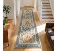 Boho Geometric Carpet Runner 100x200cm Abstract Arch Blue Floral Pattern | Retro Checkered Arch Design Washable Low Pile Long Carpet Mat for Kitchen Hallway Landing Utility Room Front Door