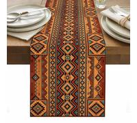 Boho Geometric Table Runner 13 x 48 Inch, Retro Tribal Ethnic Grid Brown Orange Aztec Washable Cotton Linen Dining Table Runner Tabletop Decorations for Restaurant Home Kitchen Party