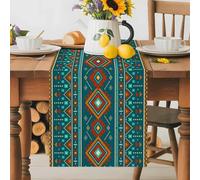 Boho Geometric Table Runner 13x36 Inches Long Retro Tribal Ethnic Grid Teal Orange Aztec Cotton Linen Table Runner Burlap Style for Dinner Table Party Decor Tabletop Decorations
