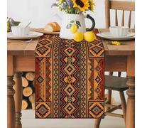 Boho Geometric Table Runner 13x48 Inches Long Retro Tribal Ethnic Grid Brown Orange Aztec Cotton Linen Table Runner Burlap Style for Dinner Table Party Decor Tabletop Decorations