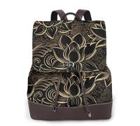 Boho Gold Lotus Flowers Print Women Fashion Backpack Ladies Pu Leather Backpacks Handbag Waterproof Rucksack Travel Backpack with Flap