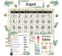 Boho Greenery Calendar Bulletin Board Set Simply Eucalyptus CTP Bulletin Board Calendar Seasons Weather Chart Green Classroom with Seasons, Weather and Days of the Week Chart,Back to School Decoration