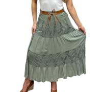 Boho Gypsy Maxi Skirt for Women Crochet Lace Tiered Summer Skirt with Tan Belt Flowy Viscose Festival Skirt Beach Holiday Bohemian Style One Size Fits Up to UK 16
