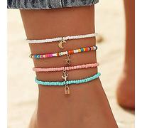 Boho Handmade Beads Multilayered Ankle Bracelets Colorful Women Anklets Moon and Star Pendant Anklet Beaded Bracelet Elastic Foot Jewelry for Summer Beach (4PCS) (Set-1)