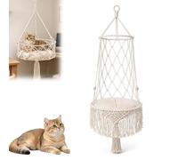 Boho Hanging Cat Bed, Macrame Cat Hammock with Removable Plush Cushion, Handwoven Cotton Rope Cat Swing for Window, Balcony & Living Room, Sleeping Playing Climbing Lounging，D：50cm