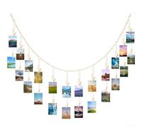 Boho Hanging Photo Display with Clips for Teen Girls Room Decor, 24 Wooden Clips on Jute Rope String for Displaying Photos and Cards