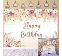 Boho Happy Birthday Backdrop Pink flower Boho Theme Photography Background for Women Girls Happy Birthday Baby Shower Party Decorations Cake Table Banner Supplies