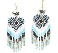 Boho Heart Turquoise Glass Beaded Fringe Earrings 10 x 3cm