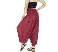Boho Hippie Harem Pants Jumpsuit for Women - Lightweight Rayon Loose Dhoti Trousers with Elastic Waist for Lounge & Travel (Plain Red Wine_XL)