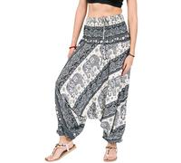Boho Hippie Harem Pants Jumpsuit for Women - Lightweight Rayon Loose Dhoti Trousers with Elastic Waist for Lounge & Travel (White Elephants_XL)